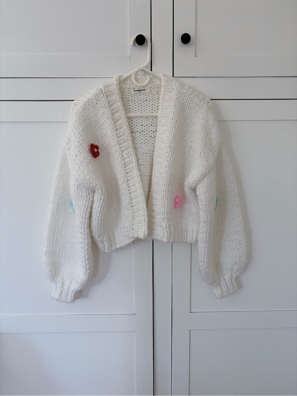 Glamorous White Knit Floral Crop Puff Sleeve Cardigan Size OS